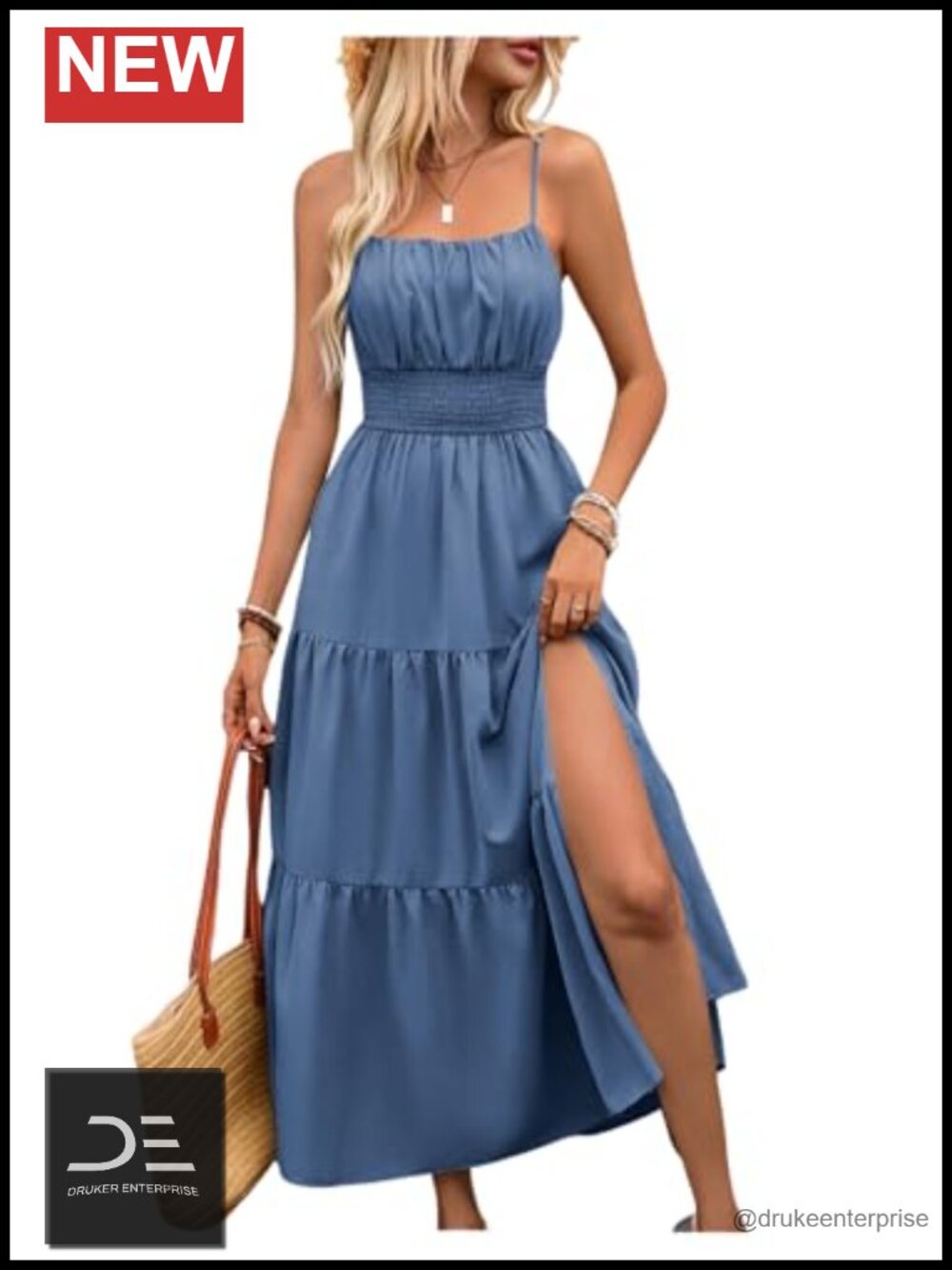Sleeveless Boho Maxi Dress Square Neck Shirred Split Hem Summer Vacation